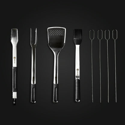 The HexClad BBQ Tool Set, 8pc, against a black background.