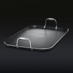 The HexClad Hybrid Double Burner Griddle on a black background.